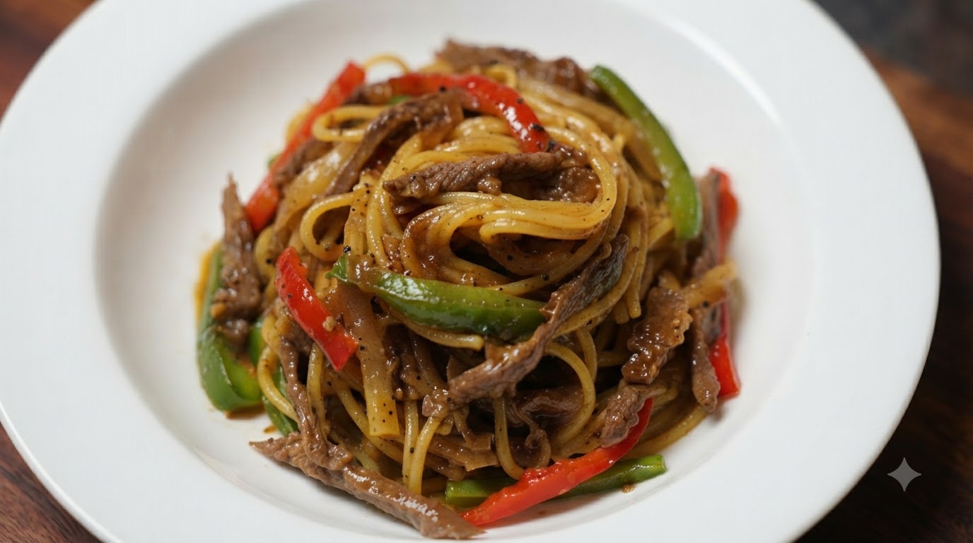 Spaghettis Sautés au Bœuf et Poivre Noir