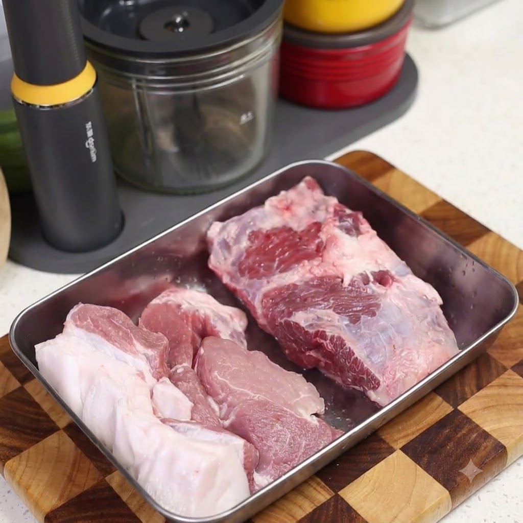 Morceaux de porc cru disposés sur une planche à découper en bois à côté dun ustensile de cuisine.