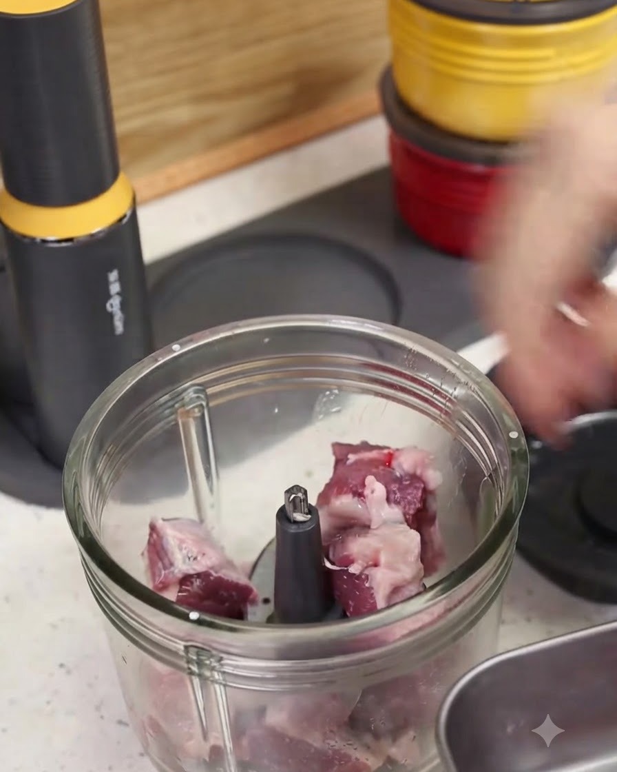Morceaux de viande crue à lintérieur du bol en verre dun robot de cuisine, prêts à être hachés.
