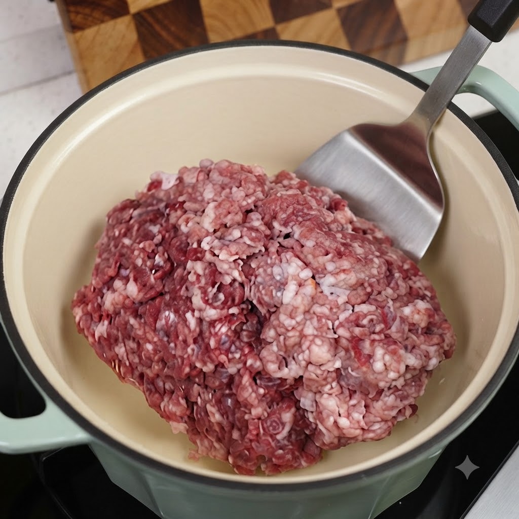Viande hachée en train dêtre sautée dans une cocotte vert clair à laide dune spatule en métal.