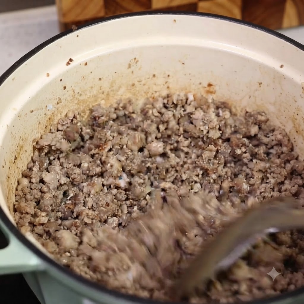 Viande hachée cuite récupérée dune cocotte avec une spatule, laissant derrière elle lhuile parfumée et les sucs de cuisson.