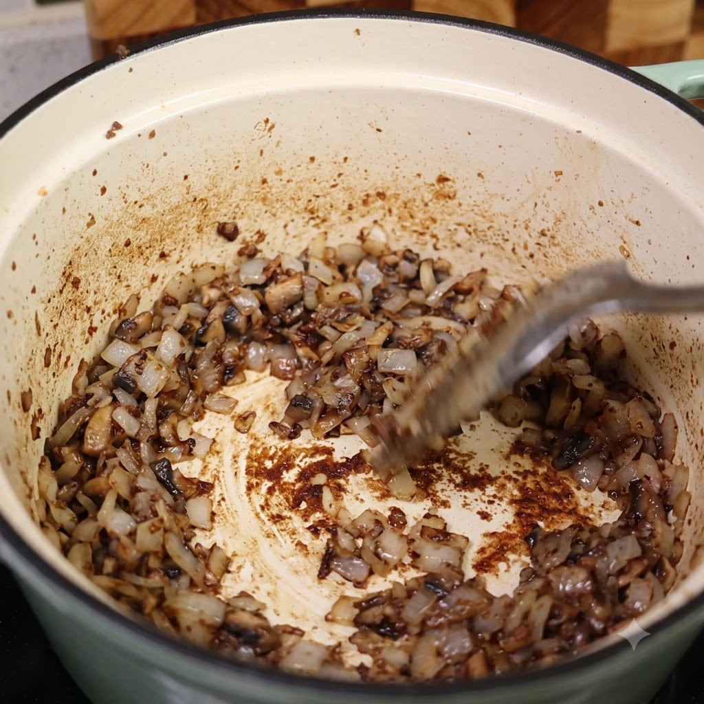 Oignons hachés et aromates en train de suer au fond dune cocotte avec les sucs caramélisés.