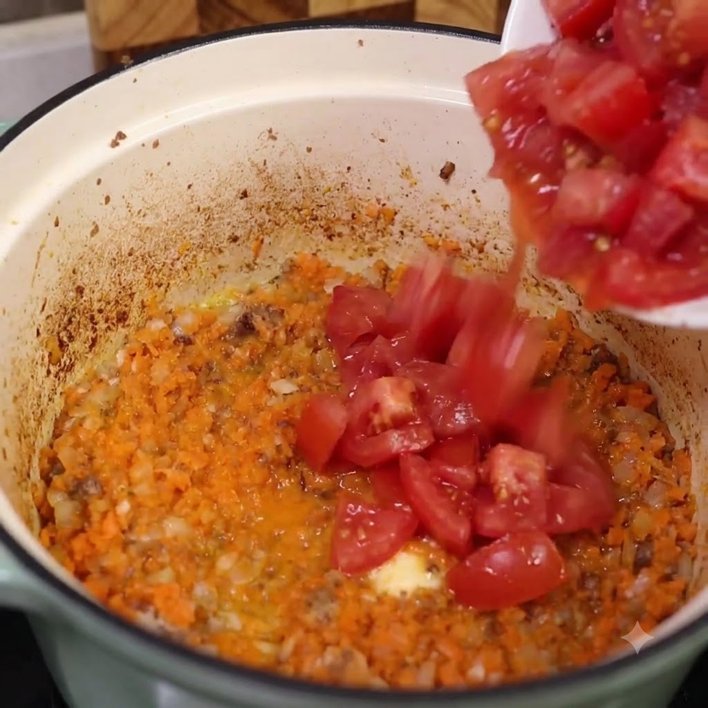 Morceaux de tomates fraiches et concentré de tomates versés dans une cocotte contenant les carottes et oignons sautés.