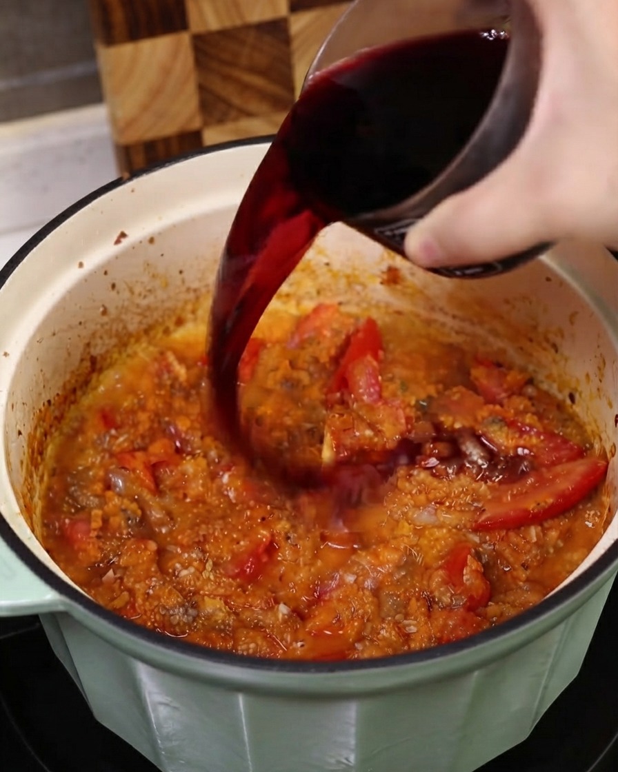 Vin rouge sec versé depuis un récipient en verre dans une cocotte remplie dun mélange vibrant de tomates et de légumes.