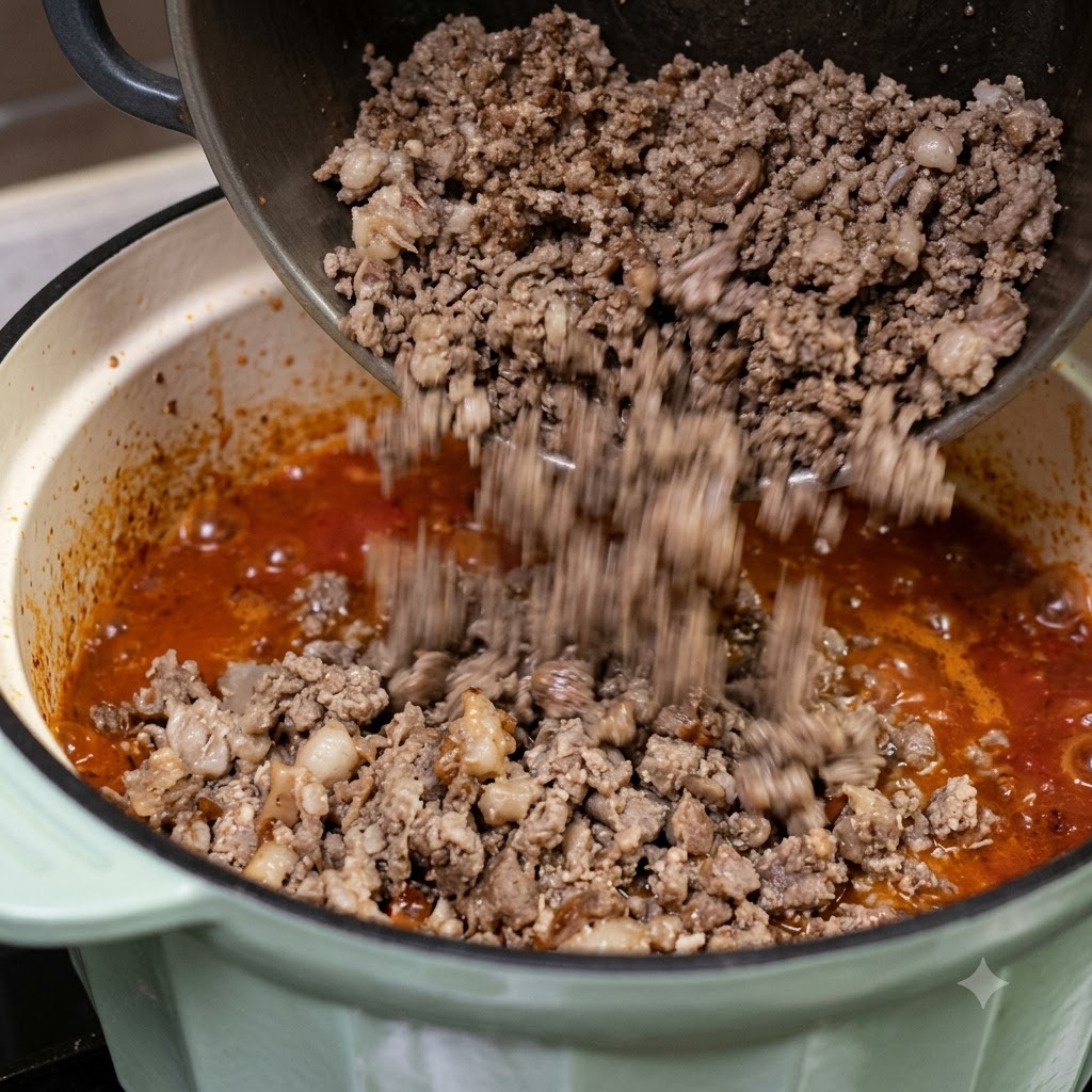 Viande hachée cuite transférée dune poêle sombre séparée vers la sauce rouge frémissante.