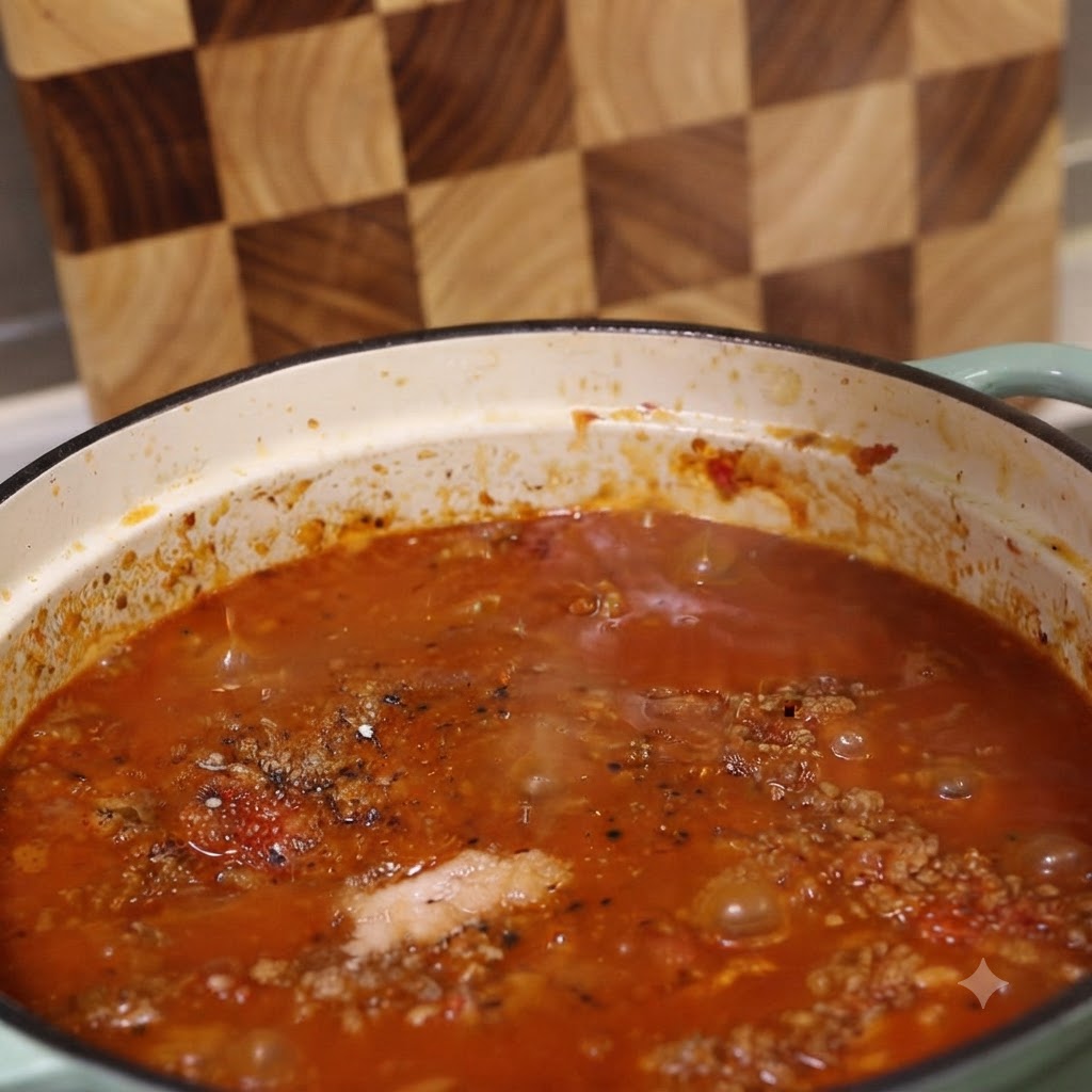 Vue rapprochée de la sauce à la viande bouillonnante dans la cocotte, saupoudrée de poivre noir et dassaisonnements.