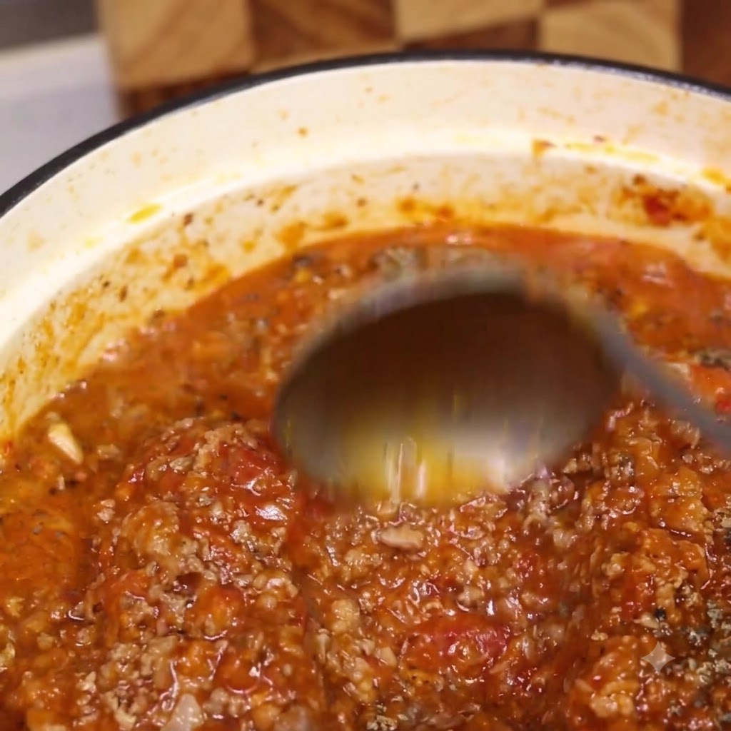 Une louche remuant une sauce à la viande bolognaise épaisse, riche et frémissante dans une cocotte de couleur claire.