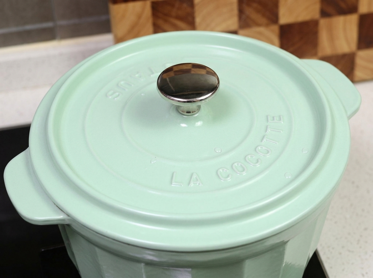 Une cocotte vert clair fermée par son couvercle en train dêtre placée à lintérieur du four pour la cuisson.