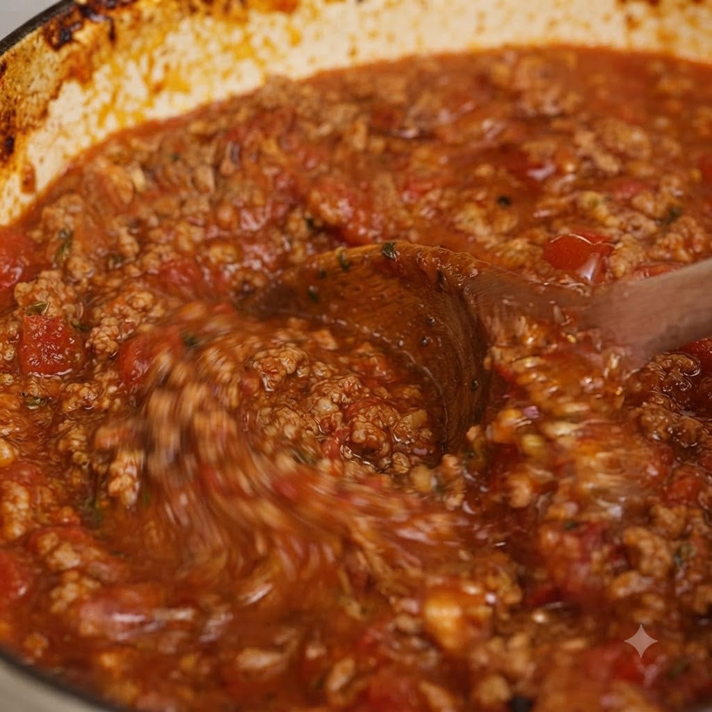 Une cuillère en bois remuant une sauce bolognaise épaisse et riche à lintérieur dun plat de cuisson.