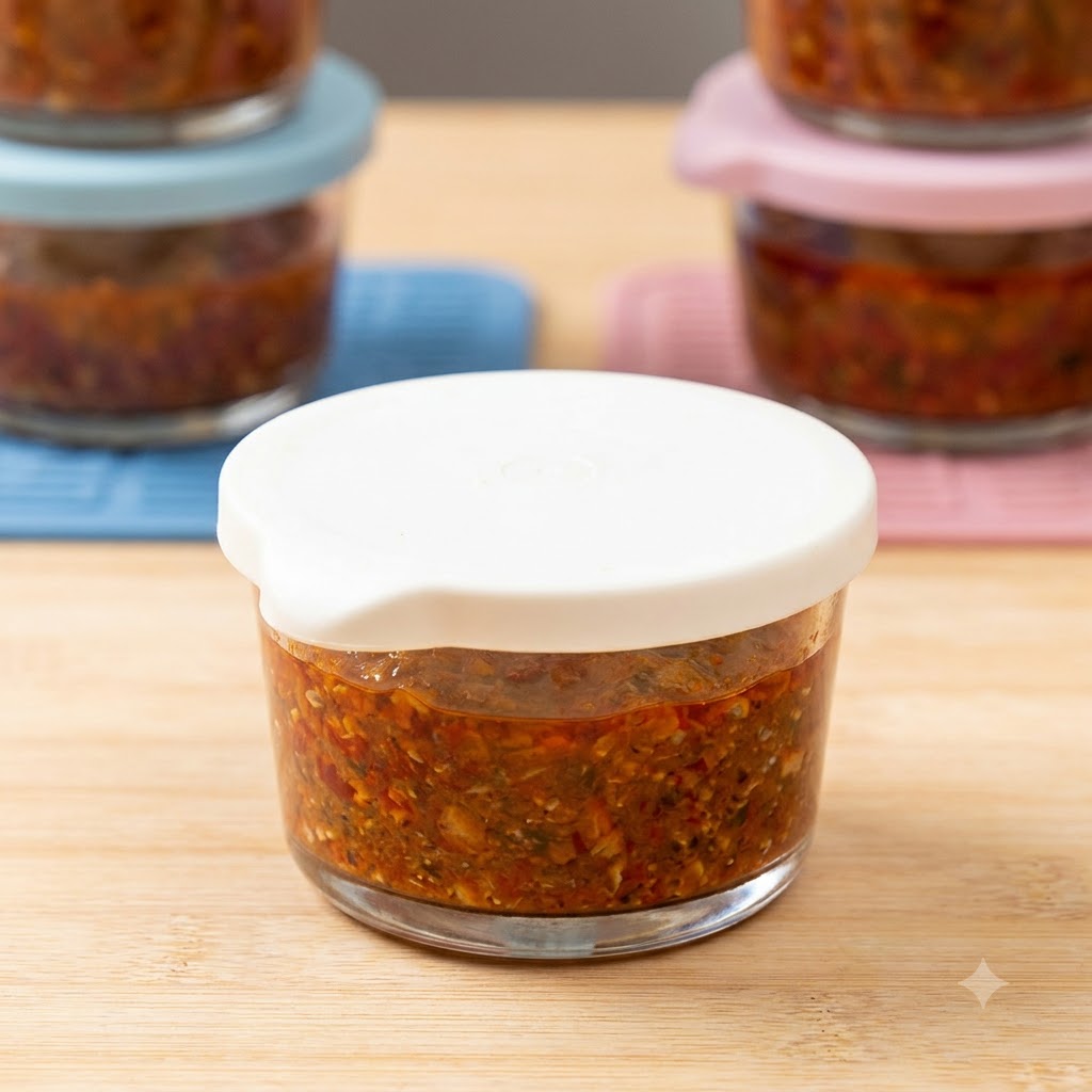 Portions de sauce bolognaise réparties dans de petits contenants en verre avec des couvercles fermés, prêtes pour la congélation.