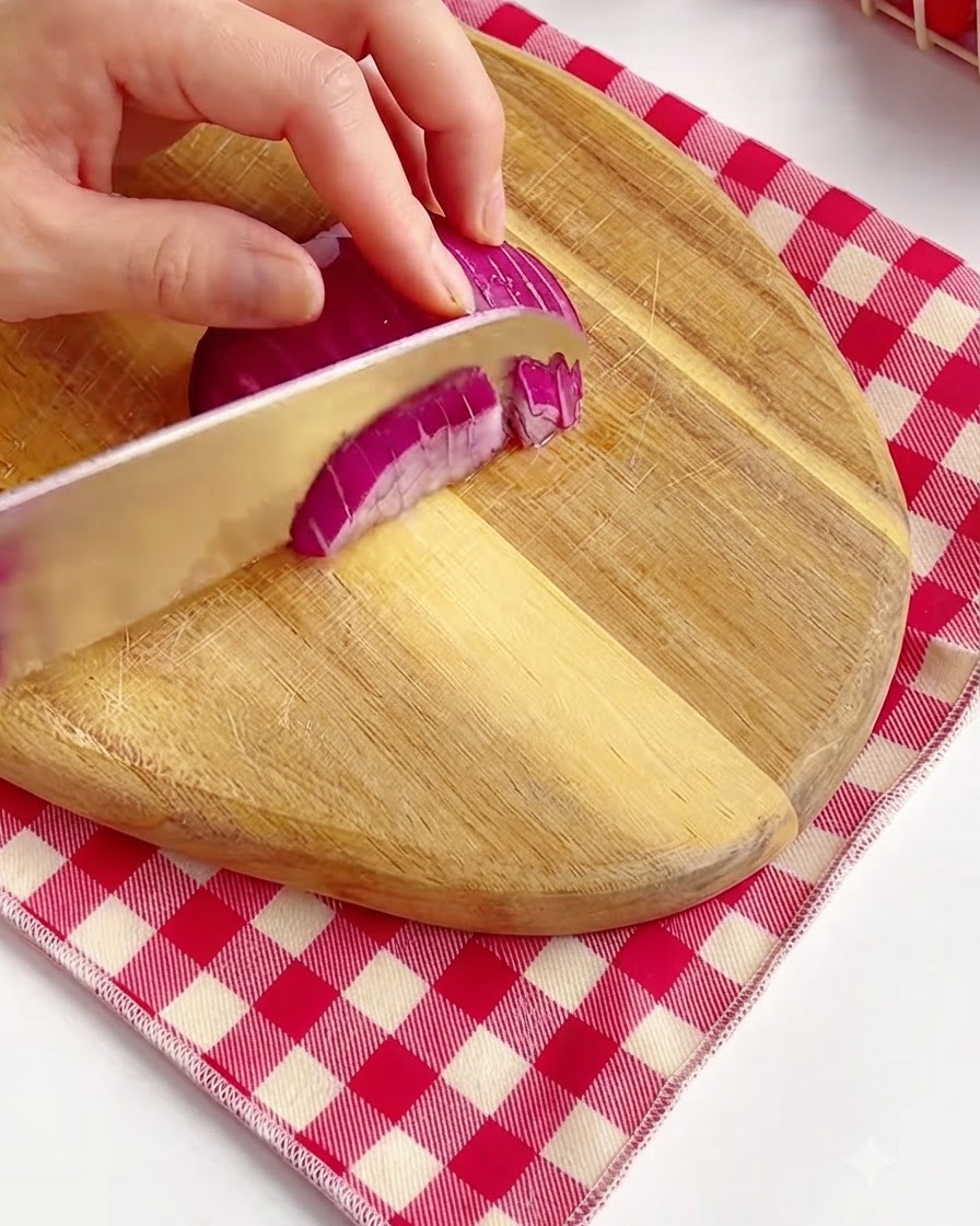 Mains utilisant un couteau bien affûté pour émincer un oignon rouge sur une planche à découper en bois.