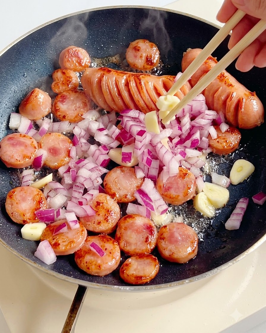 Morceaux doignon rouge, ail et rondelles de saucisses sautés dans une poêle avec des saucisses entières.