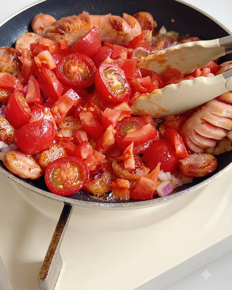 Tomates cerises hachées mélangées dans la poêle contenant les saucisses et les oignons.