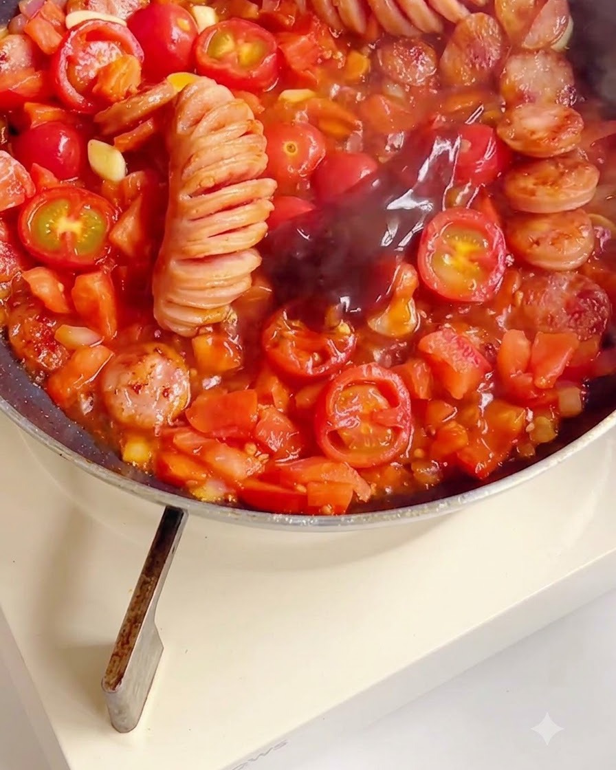 Assaisonnement liquide foncé versé dans un mélange mijoté de tomates hachées et de saucisses.