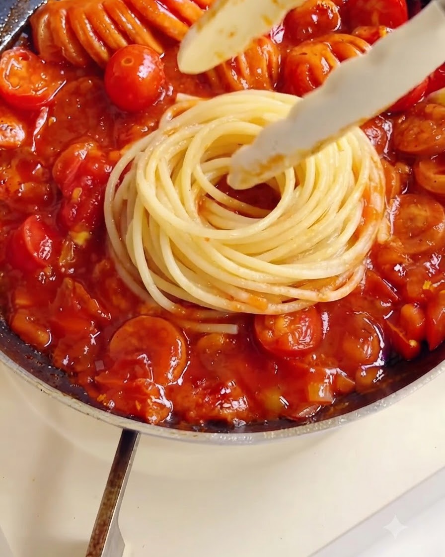 Un nid soigné de spaghettis bouillis placé dans la poêle par-dessus la sauce tomate épaisse.