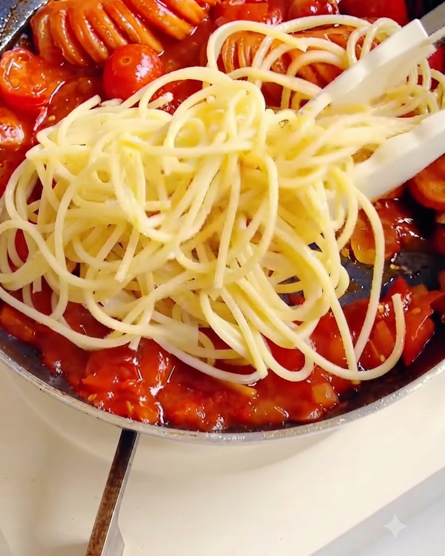 Spaghettis mélangés avec des pinces pour les enrober soigneusement de sauce tomate épaisse dans la poêle.