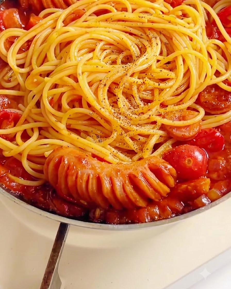 Poivre noir moulu et herbes séchées saupoudrés sur une poêle de spaghettis enrobés de sauce tomate rouge.