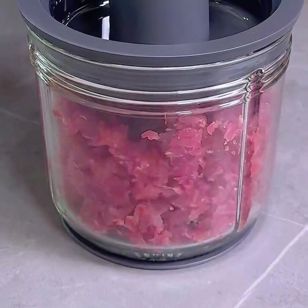 Des morceaux de viande rouge crue en cours de hachage grossier dans un robot culinaire en verre.