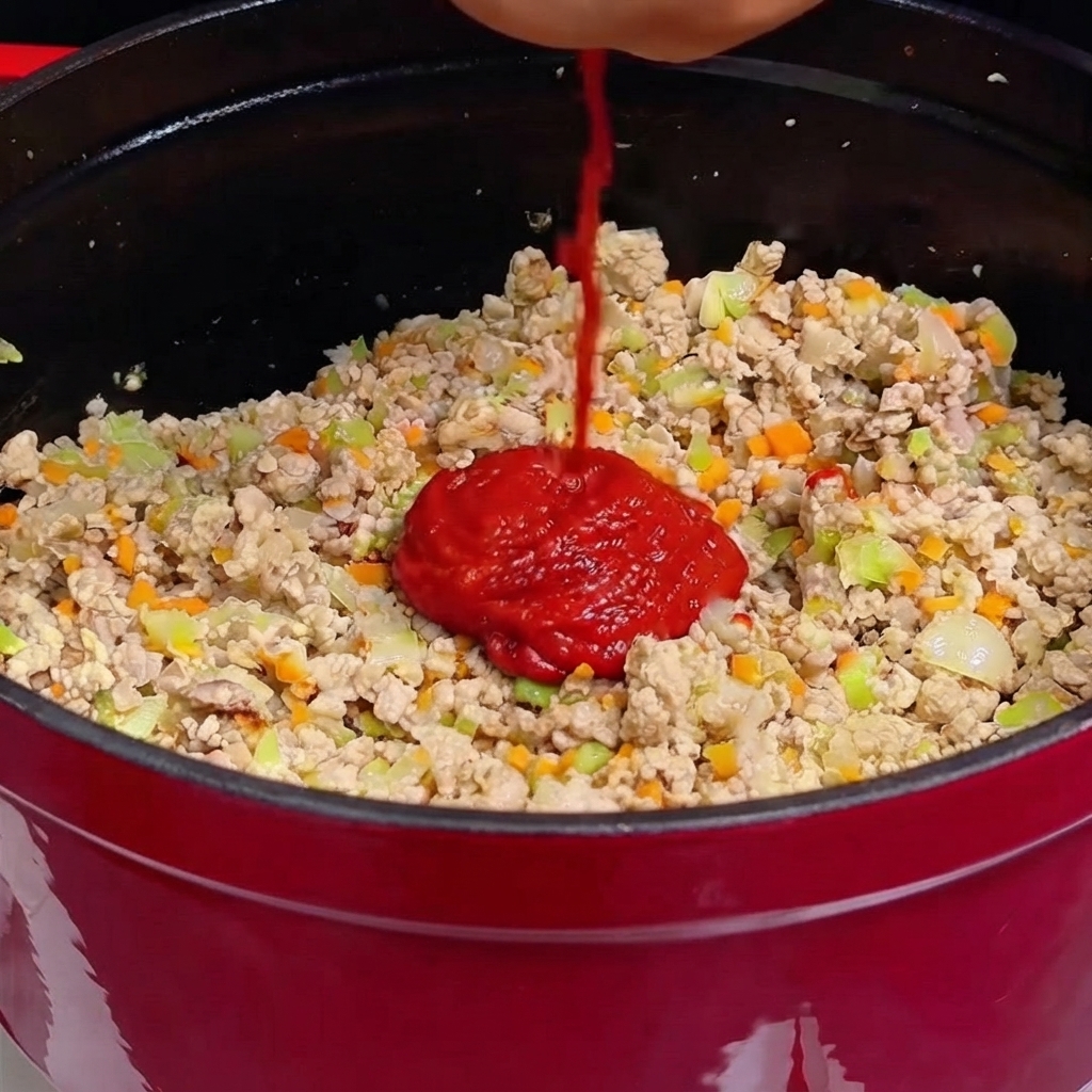 Un filet de liquide versé sur un épais monticule de concentré de tomate rouge reposant sur de la viande hachée cuite et des légumes.