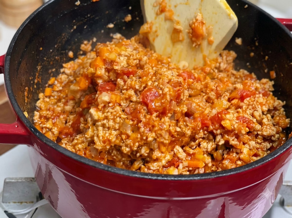 Une spatule mélangeant le mélange combiné de viande, de légumes et de tomates à lintérieur dune cocotte rouge.