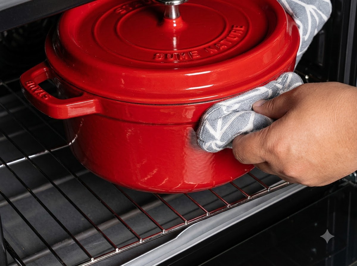 Une paire de maniques tenant les poignées dune cocotte en fonte rouge couverte alors quelle est placée sur une grille de four.