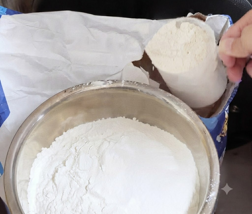 Un bol en métal en train dêtre rempli de farine blanche à partir dun sac bleu de farine Caputo 00.