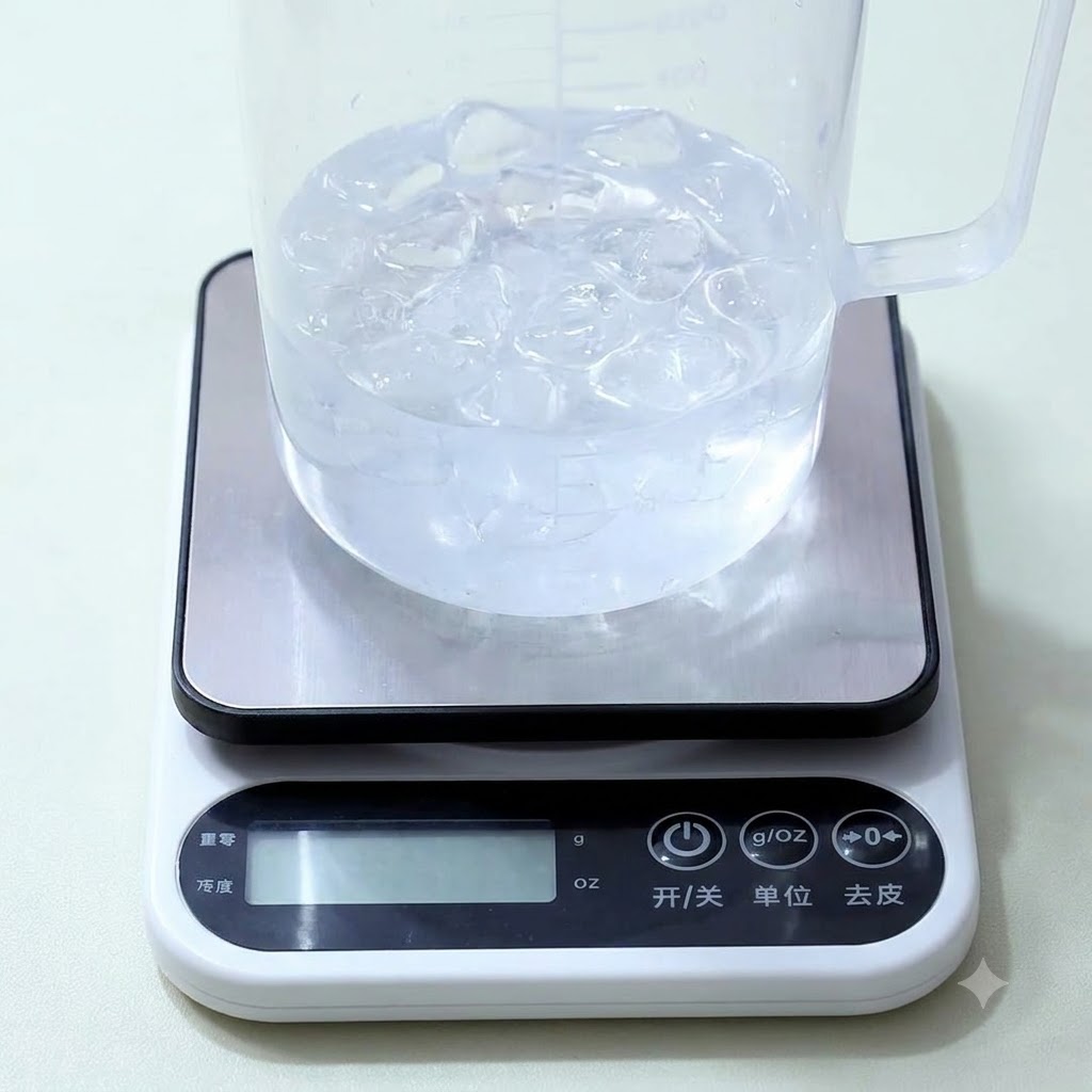 Un pichet mesureur en plastique transparent rempli deau et de glaçons posé sur une balance de cuisine numérique blanche.