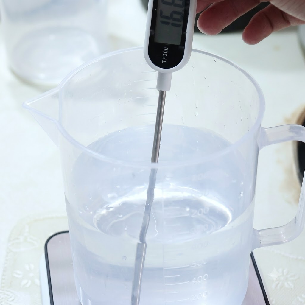 Une main tenant un thermomètre numérique à lintérieur dun pichet deau glacée, lécran affichant 16,6 degrés Celsius.