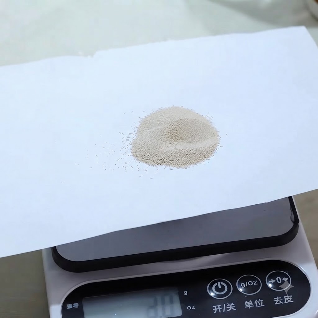 Un petit tas de levure sèche posé sur un morceau de papier blanc sur une balance numérique qui indique 2,0 grammes.