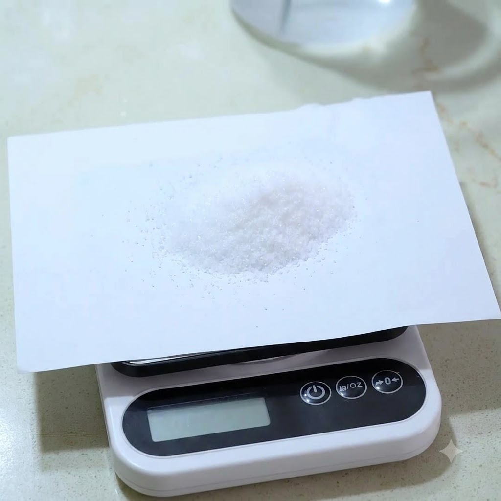 Un petit tas de sel blanc fin placé sur un morceau de papier reposant sur une balance de cuisine numérique.