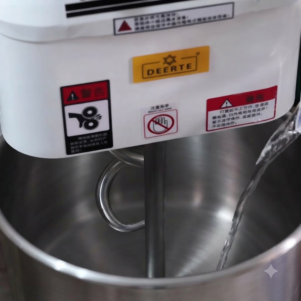De leau et de la levure en train dêtre versées dans un grand bol de mixeur en acier inoxydable.