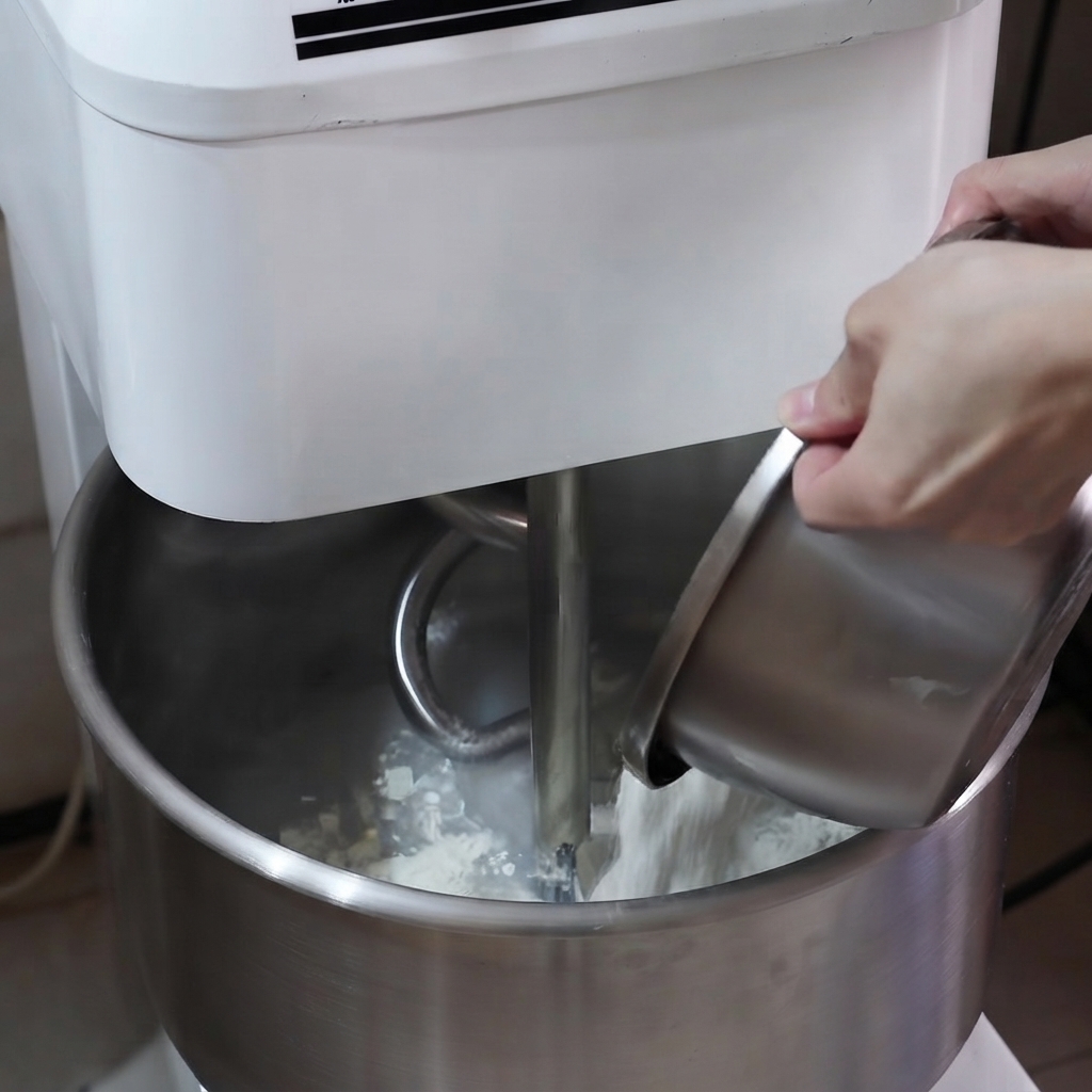 De la farine pesée versée dun récipient dans le bol du mixeur.