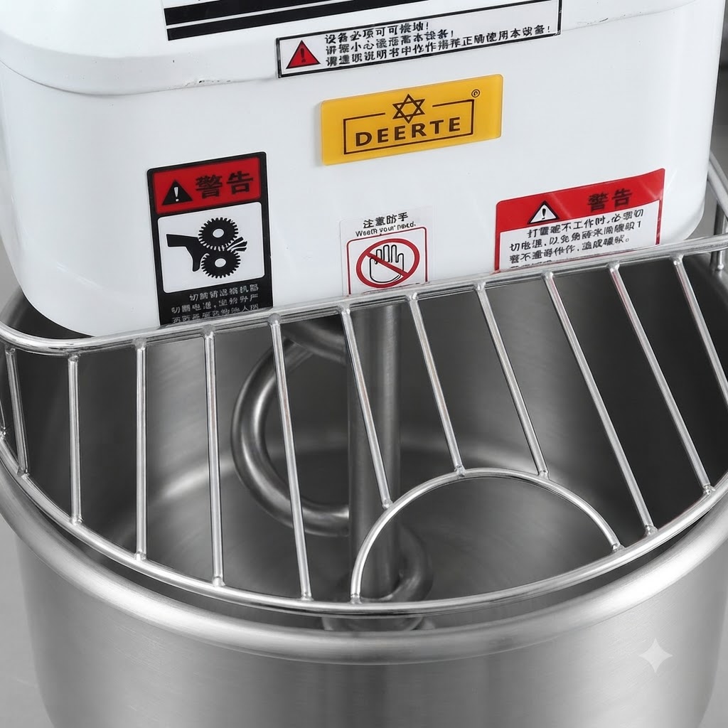 Un pétrin à pâte en marche avec une grille de protection sur le bol en acier inoxydable.