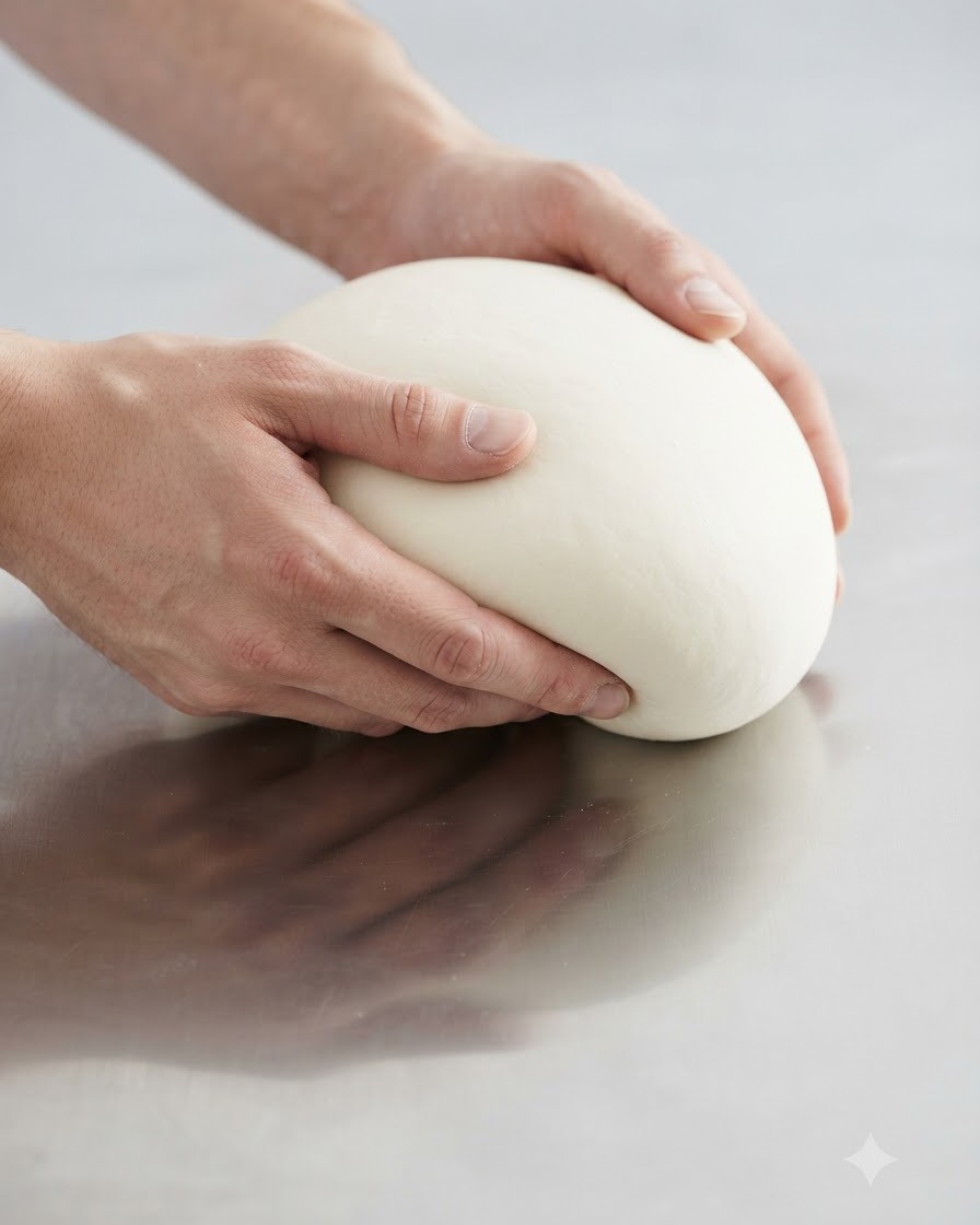 Des mains pétrissant fermement une boule de pâte ronde et lisse sur une table métallique en acier inoxydable.