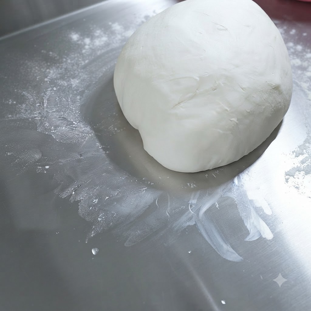 Une boule de pâte à pizza lisse reposant sur une surface en acier avec un léger reflet dhuile dolive.