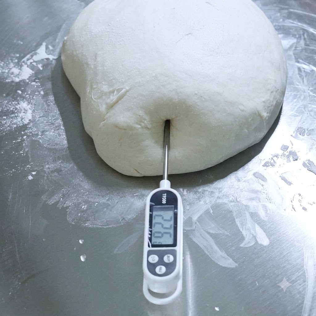 Un thermomètre alimentaire numérique inséré dans un grand mound de pâte à pizza blanche sur une surface métallique.