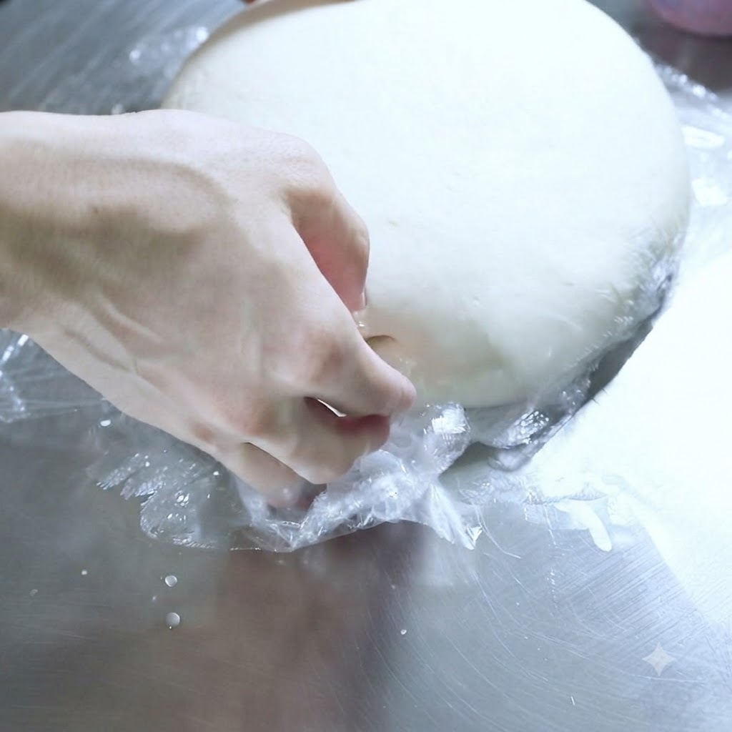 Une paire de mains enveloppant hermétiquement un amas de pâte blanche lisse avec du film étirable transparent sur une table en acier.