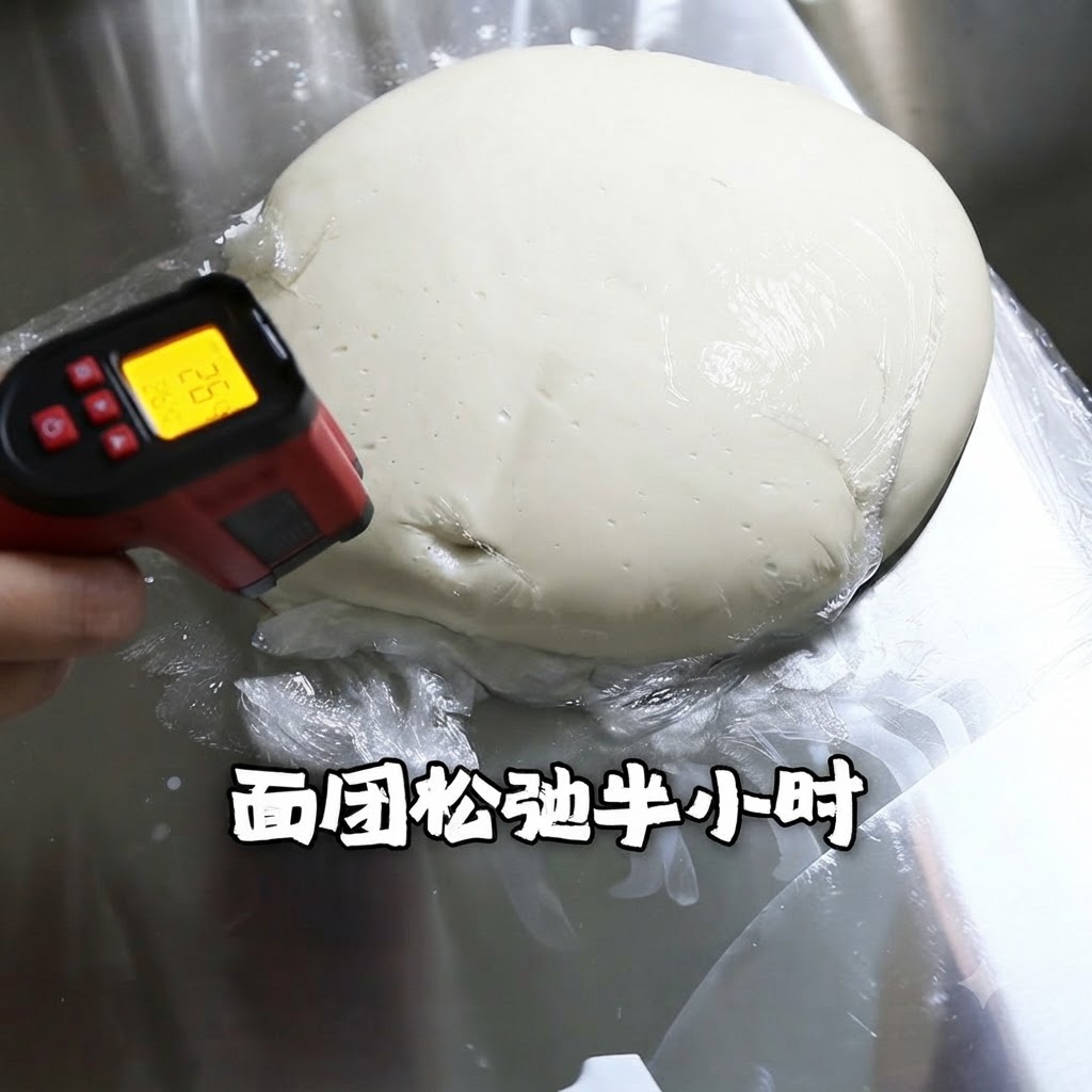 Un thermomètre infrarouge dirigé vers un monticule de pâte à pizza au repos recouvert, avec une superposition de texte en chinois.