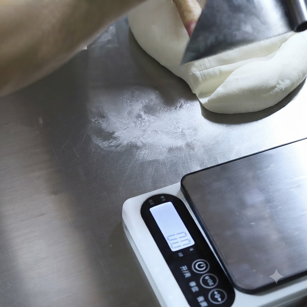 Un racloir de établi coupant un grand morceau de pâte blanche à côté dune balance de cuisine numérique sur un établi en métal.