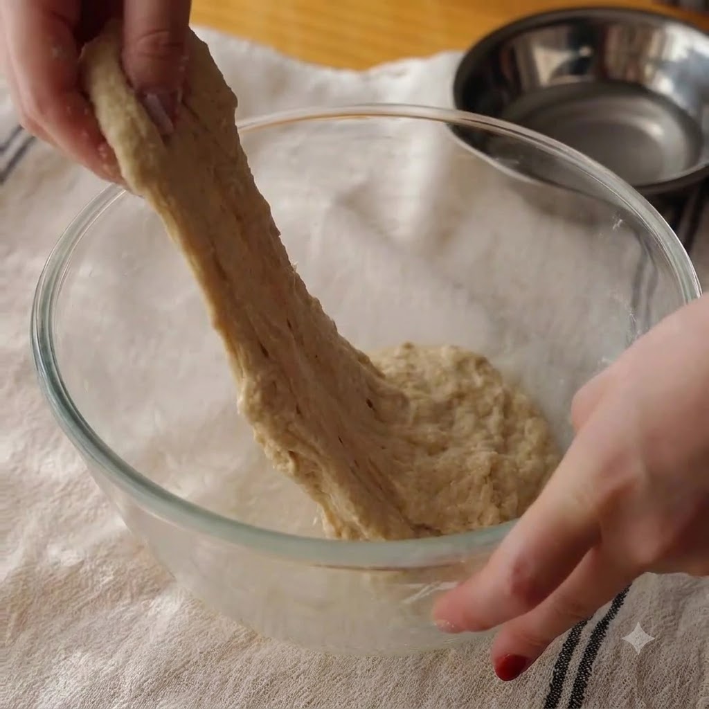 Des mains étirant une section de pâte vers le haut à lintérieur dun bol en verre transparent.