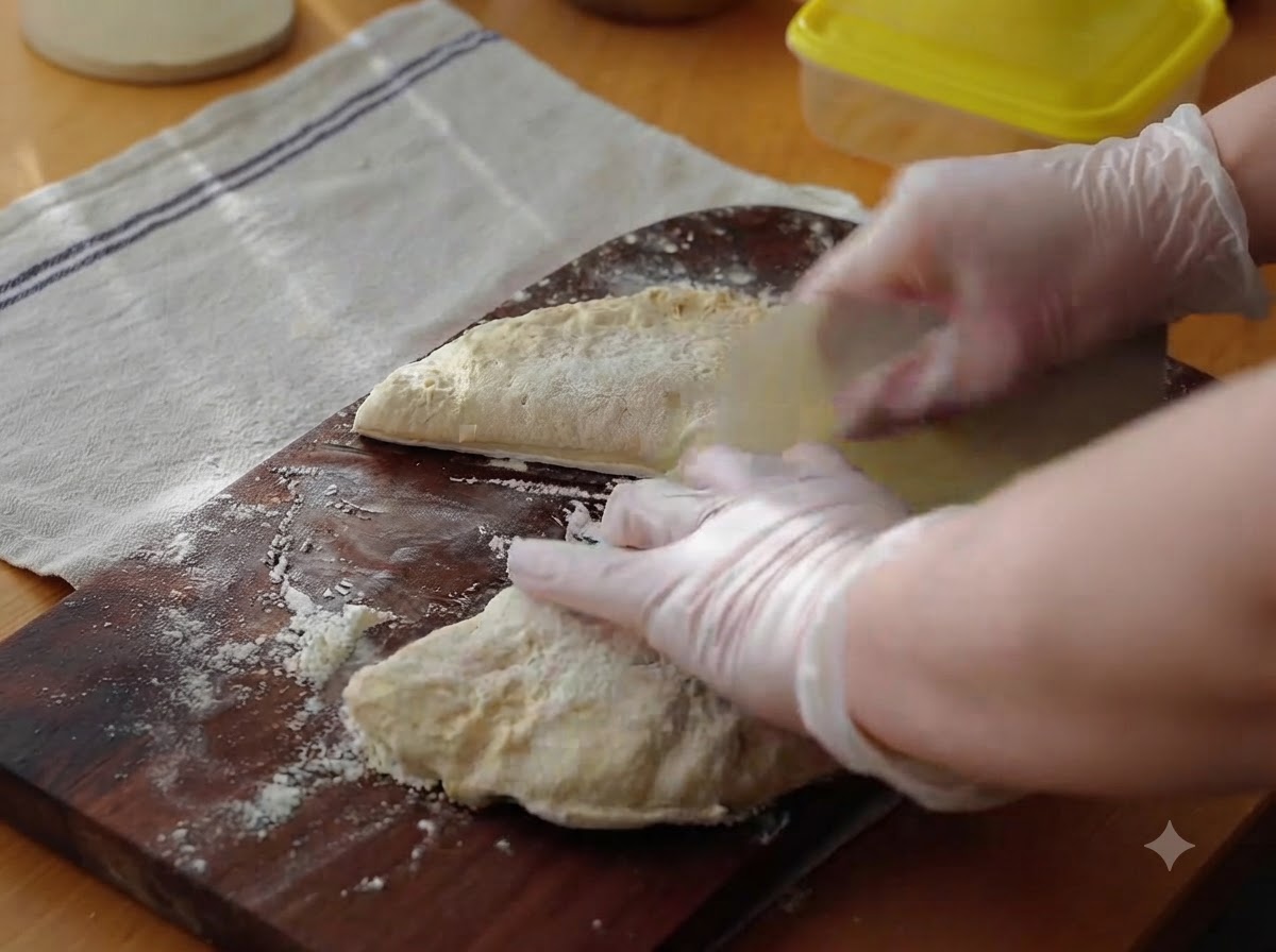 Des mains gantées façonnant et repliant une portion de pâte à pizza sur une planche en bois farinée.