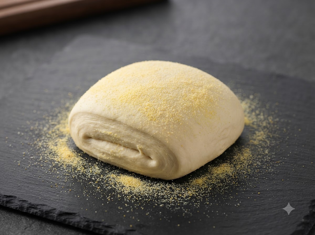 Une boule de pâte à pizza reposant sur un lit de farine de semoule jaune sur une planche en ardoise sombre.