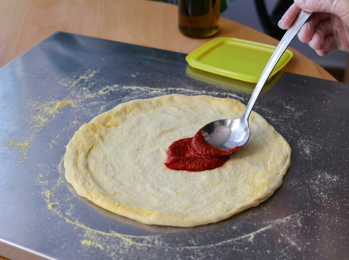 Une main gantée utilisant une cuillère en métal pour étaler uniformément du concentré de tomate rouge vif sur une base de pâte à pizza crue et étirée sur une surface métallique.