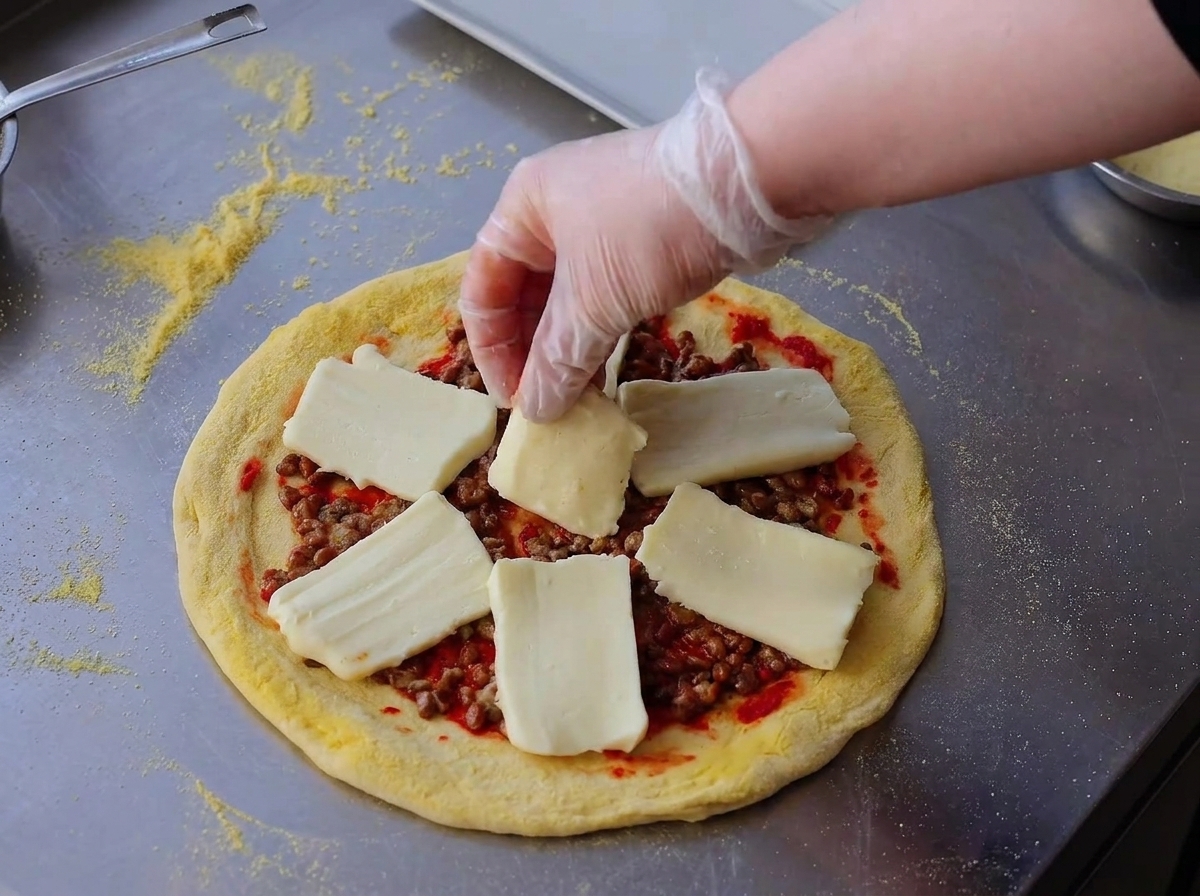 Disposition de tranches épaisses et rectangulaires de fromage mozzarella sur la couche de natto.