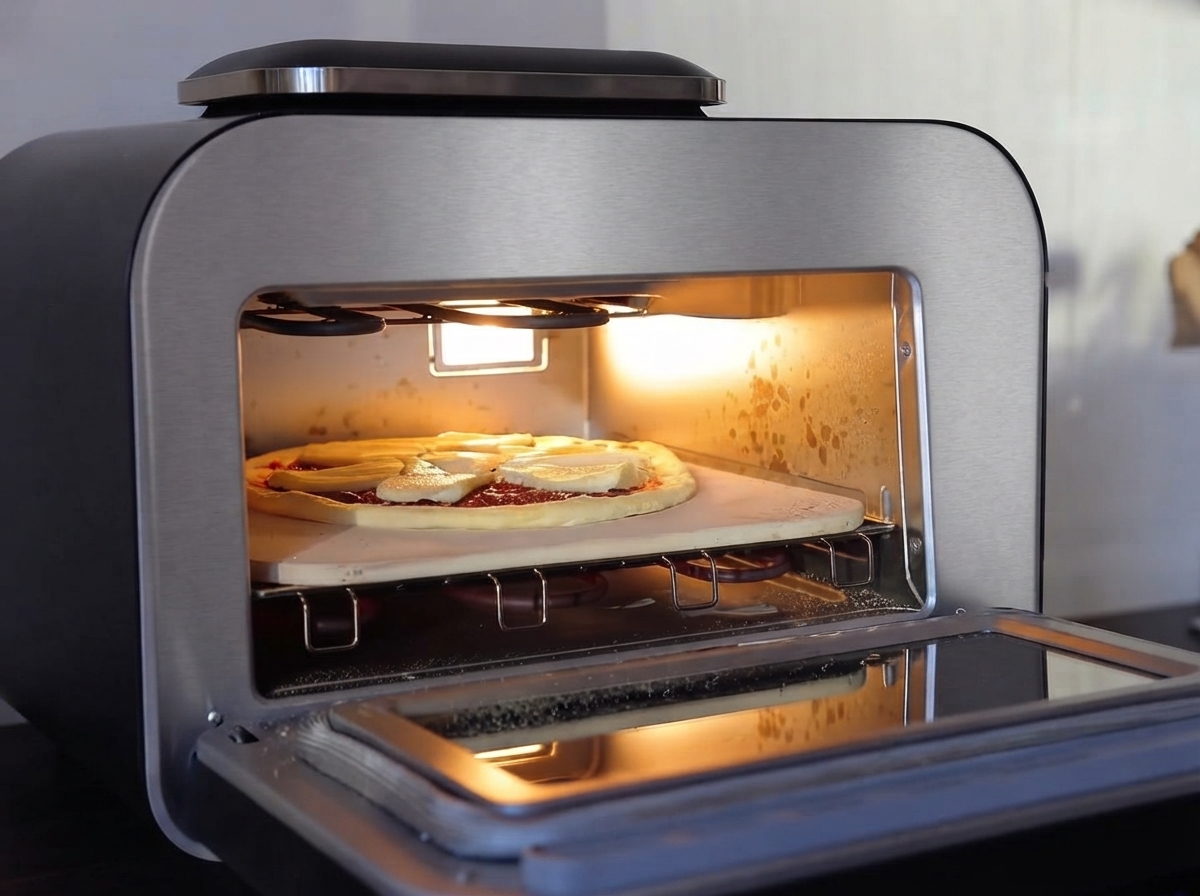 Une pizza assemblée transférée dune pelle vers la pierre de cuisson chaude à lintérieur dun four à pizza électrique de comptoir.