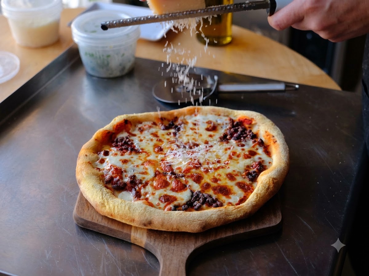 Du fromage parmesan frais râpé à partir dun bloc sur une pizza chaude et fraîchement cuite sur une pelle en bois.