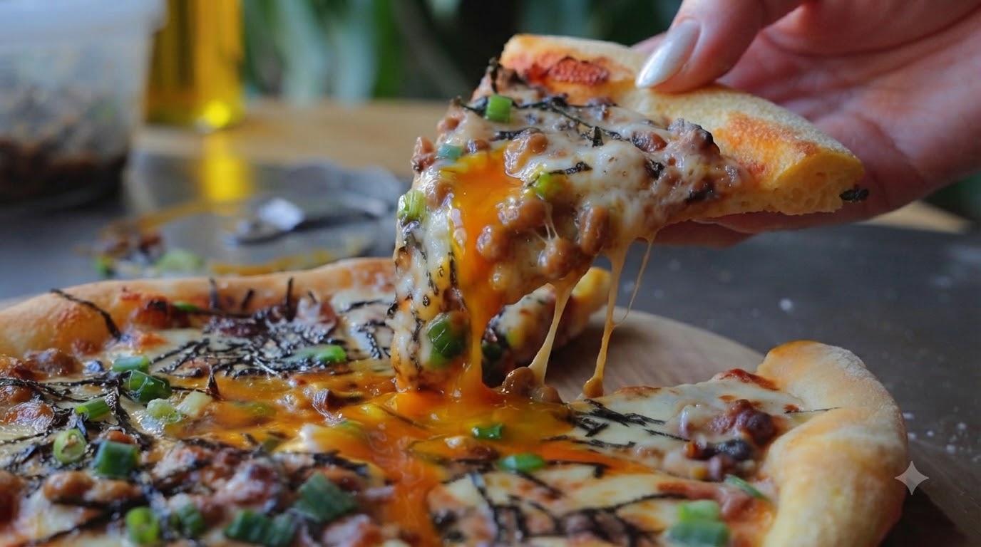 Une part de pizza au natto fraîchement cuite soulevée avec des fils de fromage fondant et un jaune dœuf coulant.