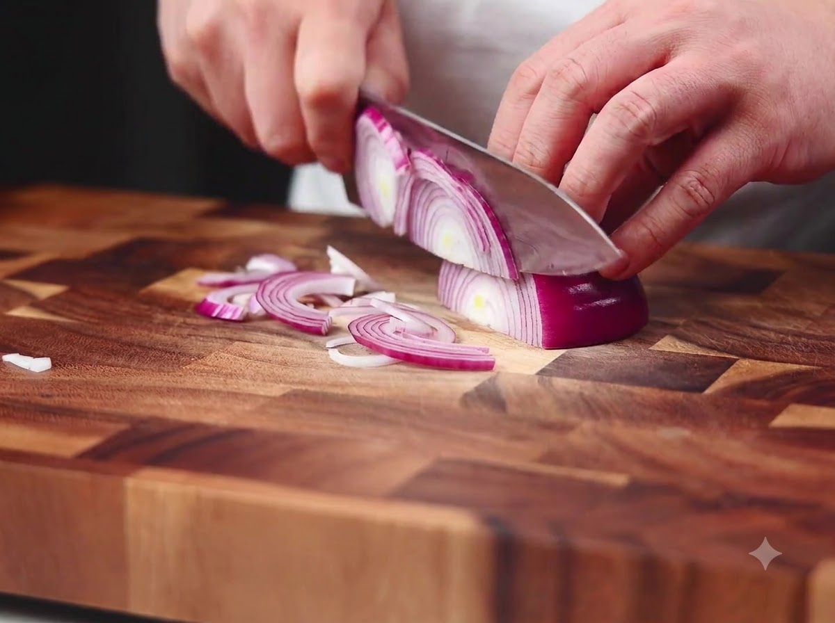Un couteau de chef coupant un oignon rouge en fines demi-lunes sur une planche à découper en bois.