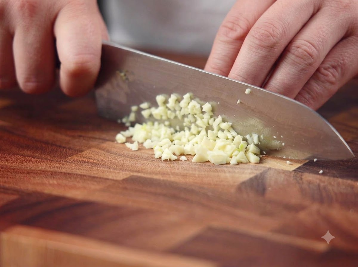 Gousses dail finement hachées avec un couteau de chef sur une planche à découper en bois.
