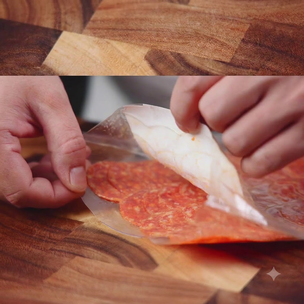 Des mains ouvrant un emballage plastique de salami en tranches sur un plan de travail en bois.